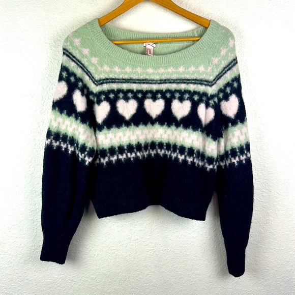Victorias Secret Fluffy Fair Isle Mint and Navy Heart Sweater - Picture 3 of 7